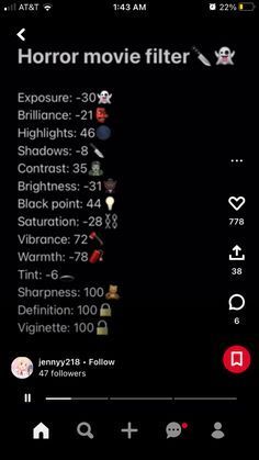Horror Movie Filter, Spooky Filter Iphone, Liminal Space Filter, Things I Didn’t Know I Needed, Vampire Filter, Not Here, Pic Filters, Iphone Filters, Photo Settings