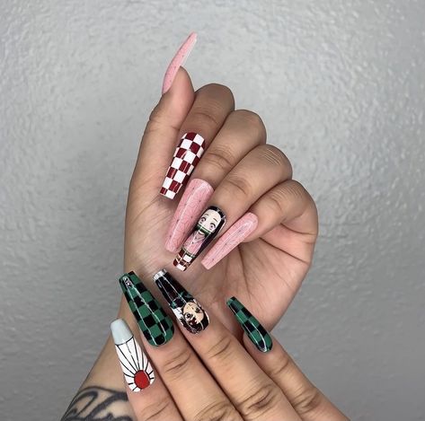 Acrylic Anime Nail Ideas Anime Inspired Acrylic Nails, Anime Theme Nails, Anime Inspired Nails Simple, Nezuko Nails Acrylic, Zenitsu Nails, Anime Nail Art Designs, Tanjiro Nails, Demon Slayer Nail Designs, Nezuko Inspired Nails