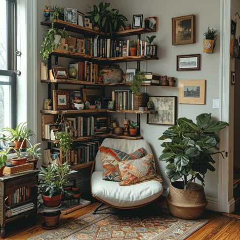 3+ Chic Ways to Decorate Your Living Room Corners • 333+ Images • [ArtFacade] Plant Stand Corner Living Rooms, Apartment Bay Window Ideas, Books Over Doorway, Curtain Shelf Ideas, Corner Shelves Books, Small Library Corner Living Room, Corner Gallery Wall With Shelves, Apartment Corner Ideas Living Rooms, Home Library Corner Ideas