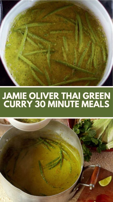 Jamie Oliver’s Thai Green Curry is made with fresh ginger, red chillies, kaffir lime leaves, coriander, garlic, lemongrass, spring onions, sesame oil, organic chicken stock, fine green beans, coconut milk, lime juice, and soy sauce. This delicious Thai Green Curry recipe creates a tasty and aromatic dinner that takes about 30 minutes to prepare and can serve up to 4 people.

This Thai Green Curry Recipe Is From 30 Minutes Meals Cookbook By Jamie Oliver. Chicken Green Curry Thai, Thai Green Curry Recipe, Green Curry Sauce, Green Curry Recipes, Cooking Curry, Ginger Green Beans, Ginger Red, Lime Leaves, Thai Green Curry