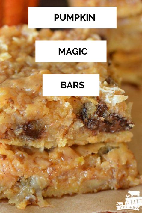 Pumpkin Magic Bars are ooey, gooey, and magically simple and delicious! They are the ultimate in comforting fall food! #littledairyontheprairie #fall #dessert #pumpkin #recipe #magicbars #dessertbars #sweet Pumpkin Magic Bars, Pumpkin Magic, Dessert Pumpkin, Magic Bars, Pumpkin Recipe, Ooey Gooey, Cookies And Cakes, Fall Dessert, Fall Treats