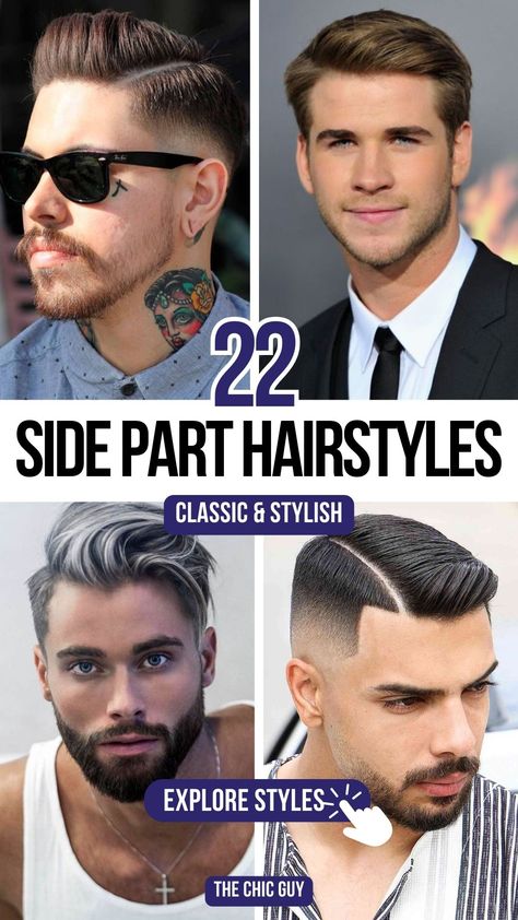 22 Stylish Side-Part Hairstyles for Men in 2024! Mens Wavy Side Part, Mens Side Part Hairstyles Medium, Side Part Pompadour Men, Side Part Fade Hairstyles Men, Side Parted Short Hair Men, Hard Part Haircut Mens, Mens Haircut Side Part, Ways To Style Medium Hair, Medium Length Side Part