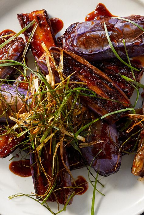 Fried Scallions, Glazed Eggplant, Korean Banchan, Ny Times Recipes, Vegetarian Asian, Scallions Recipes, Nyt Recipes, Fried Eggplant, Vegetarian Mains