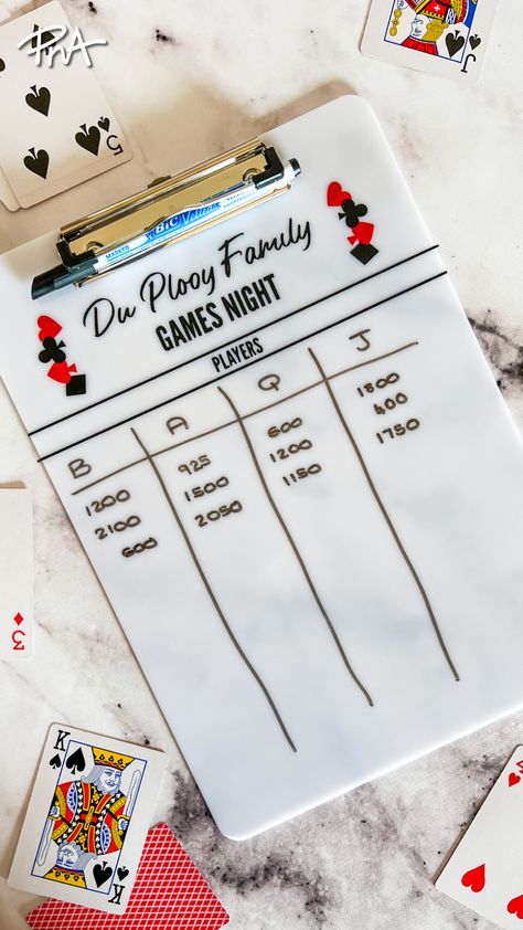 Get ready to level up your family game nights with this personalised scoreboard! Say goodbye to arguments over keeping track of scores – this game-changer will make your evening of fun even more memorable. To make your own scoreboard, you will need an acrylic clipboard and your Cricut machine or some permanent markers for your design. Have fun creating your personalised scoreboard! Family Game Night Scoreboard, Game Night Scoreboard, Game Night Score Board Diy, Score Board Ideas, Acrylic Games, Acrylic Clipboard, Esl Ideas, Bbq Games, Game Night Parties