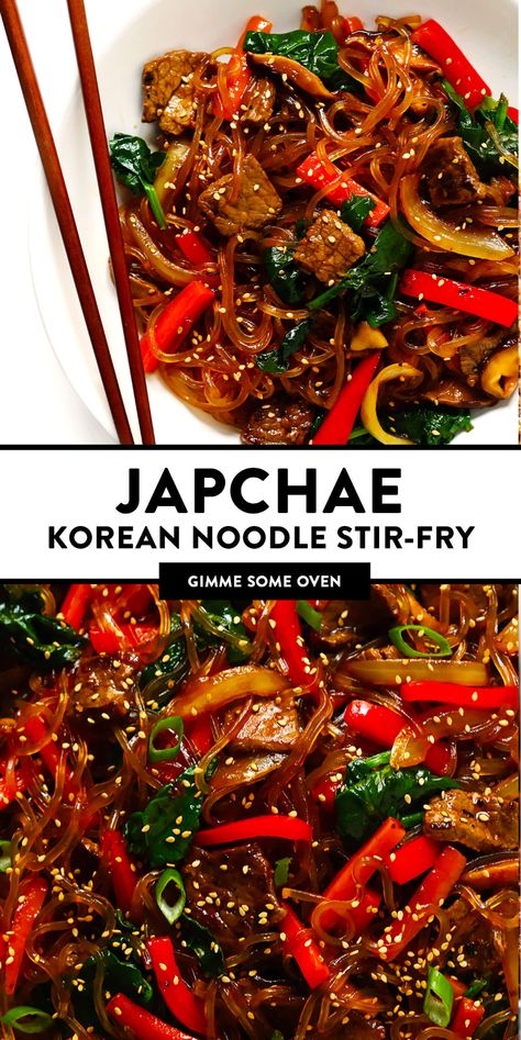 Korean Dinner Recipes, Japchae Recipe, Pasta Beef, Korean Stir Fry, Asian Dinner, Stir Fry Ingredients, Korean Noodles, Asian Dinners, Chicken Shrimp