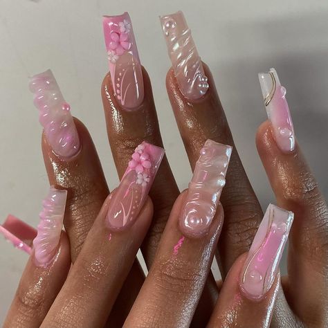 | pink fairy freestyle 🩷🌸🎀 @apresnailofficial long natural square | Instagram Nails Square Long Summer, Simple Coffin Nails Designs Summer, Simple Nail Designs On Natural Nails, Summer Long Square Nails, Pink Summer Nails Square, Pink Gel X Nail Designs, Summer Nails 2024 Square, Bling Pink Nails, Nail Ideas Long Square