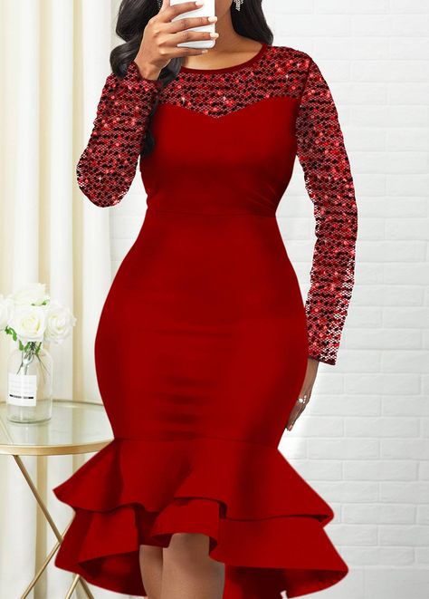 Sequin Detail Round Neck Mermaid Dress | Rosewe.com - USD $17.99 Wine Gown Dress, Latest English Dress For Ladies, English Dresses For Ladies Classy, English Dresses For Ladies, Long Sleeve Mermaid Dress, Sassy Chic, Short African Dresses, Lace Dress Styles, Gaun Fashion