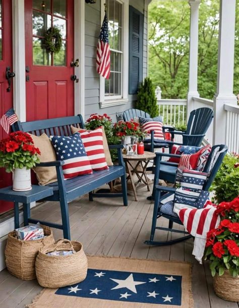 May Porch Decor, Outside Front Porch Ideas, Patriotic Front Porch Decor, 4th Of July Front Porch Decor, Vintage Americana Decor, Patriotic Front Porch, Porch Flag, Patriotic Porch, Summer Front Porch Decor