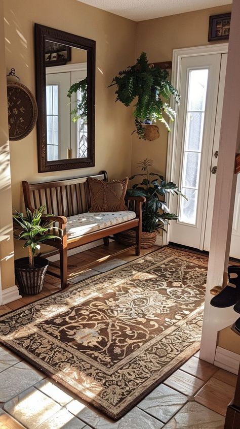 Warm and inviting entryway with elegant area rug, wooden bench, and green plants in the afternoon sun Cozy Entryway Ideas, Cozy Entryway, Welcoming Entryway, Interior Design Principles, Sustainable Interior Design, Popular Interior Design, Afternoon Sun, Home Decor Hooks, Entryway Ideas