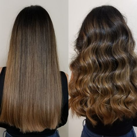 Straight vs wavy balayage Straight Hair With Wavy Ends, Waves With Straight Ends, Straight To Wavy Hair How To, Straight Vs Wavy Hair, Straight Hair To Wavy, Wavy Hair Balayage, Wavy Balayage, Balayage On Straight Hair, Waved Hair