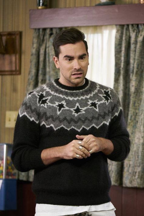 All of David Rose's Best Sweaters on Schitt's Creek Sarcastic One Liners, Dan Levy, Daniel Levy, Best Sweaters, Catherine O'hara, David Rose, Schitt's Creek, Drop Crotch Pants, Rose Sweater