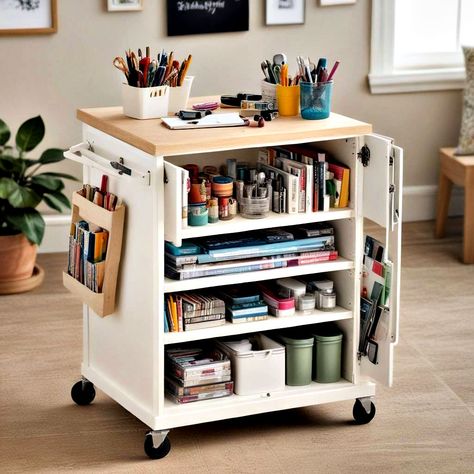 25 Functional Craft Room Ideas and Designs Craft Trolley, Craft Room Organisation, Craft Room Ideas, Art Supplies List, Functional Crafts, Open Shelving Units, Mobile Craft, Under Desk Storage, Organize Craft Supplies