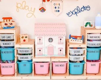 Playroom Organization Storage, Trofast Toy Storage, Small Playroom Organization, Small Playroom, Ikea Trofast, Storage Labels, Kids Playroom Decor, Ikea Kallax, Playroom Organization