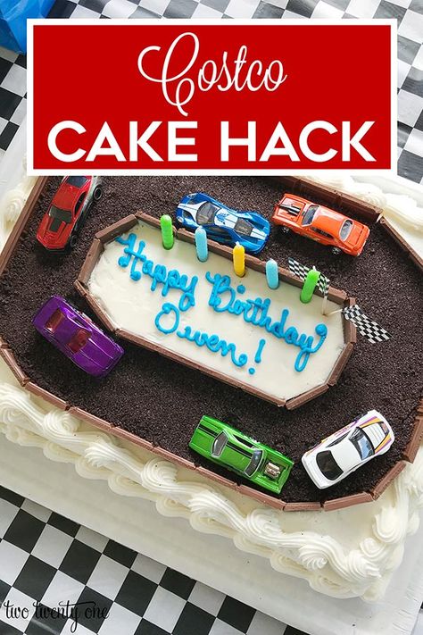 Costco cake hack to create race car cake! #costco #cakehack #carcake #birthdaycake #boybirthdaycake Rc Car Cake, Costco Cake Hack, Race Track Cake, Car Cakes For Boys, Ferrari Cake, Race Car Cake, Bolo Hot Wheels, Racing Cake, Costco Cake