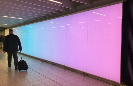 Backlit Wall, London Luton Airport, Luton Airport, Glass Facade, Feature Wall Design, Laminated Glass, Glass Facades, Workplace Design, Colour Changing