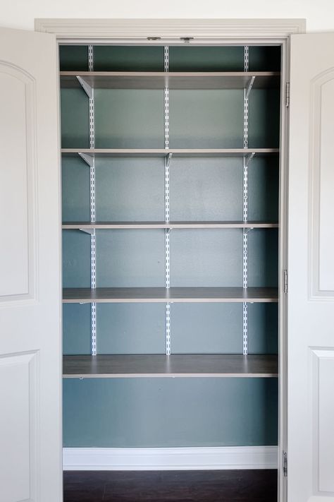 Adjustable Pantry Shelving Ideas, Diy Adjustable Shelves, Ikea Pantry Ideas, Adjustable Closet Shelving, Track Shelving, Diy Pantry Shelves, Painting Ikea Furniture, Pantry Inspiration, Elfa Shelving