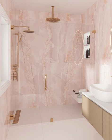 Tile Club - Buy Tiles Online on Instagram: "If you're looking for a stunning and unique addition to your home, look no further than the Emporio Pink Onyx Porcelain Tile! Onyx is a semi-precious stone that has been used throughout history for its beauty and durability. These beautiful marble look slabs capture the essence of this amazing stone in a porcelain tile that is perfect for both floors and walls. Swipe through and tell us which blush pink design is your favorite! #pinktile #tile #desig Pink And Gold Marble Bathroom, Pink Granite Bathroom, Pink Porcelain Bathroom, Classy Pink Bathroom, Rose Marble Bathroom, Pink Marble Tile Bathroom, Bathroom Pink Marble, Bathroom Tiles Pink, Pink Shower Room