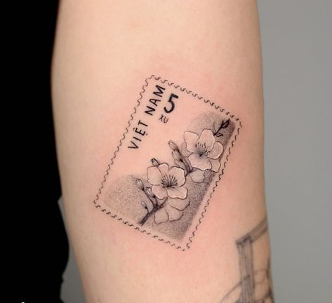 Orchid Postage Stamp Tattoo, Stamp Outline Tattoo, Vietnamese Stamp Tattoo, Vietnam Stamp Tattoo, Paris Stamp Tattoo, Square Tattoos, Vietnamese Tattoo Ideas, Post Stamp Tattoo, Postcard Tattoo