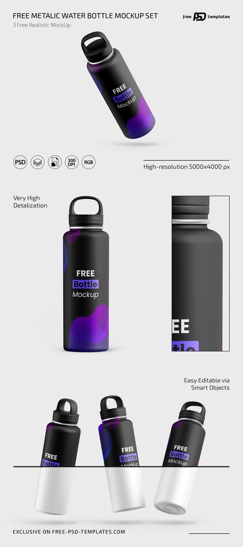 This bottle looks realistic so your customer might think that you have taken a picture of a real product. Bottle Mockup Free, Water Bottle Mockup, Tumbler Mockup, Design Institute, Branding Tools, Psd Template Free, Bottle Mockup, Water Design, Graphic Design Projects