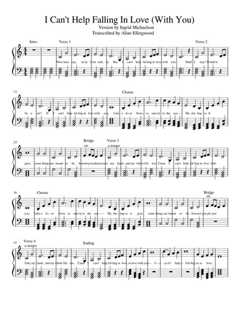 I Can't Help Falling In Love (With You) sheet music for Piano download free in PDF or MIDI Free Clarinet Sheet Music, Free Flute Sheet Music, Sheet Music With Letters, Beginner Piano Music, Free Piano Sheets, Trumpet Sheet Music, Piano Teaching Resources, Can't Help Falling In Love, Online Scrapbook