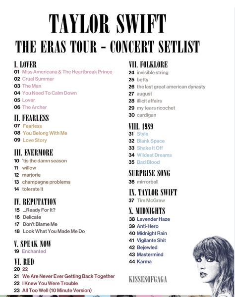 Taylor Swift Song List Eras Tour, Eras Tour Set List Songs, Eras Tour Tracklist, Eras Tour Set List In Order, Taylor Swift Setlist Eras Tour, Taylor Swift Best Songs List, Taylor Swift Eras Tour Song List, Eras Tour Colors In Order, Taylor Swift Set List Eras