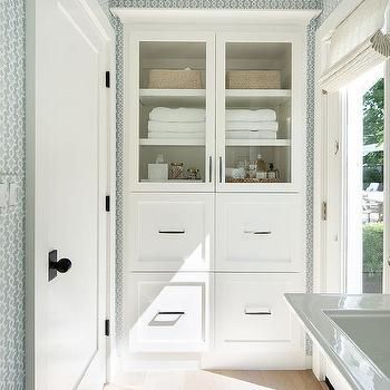 Terrycloth Stool at Off White Drop Down Makeup Vanity - Transitional - Bathroom Bathroom Built In Cabinet Wall Storage, Hallway Built In Cabinets, Built In Linen Cabinet, Cottage Style Bathrooms, Light Blue Wallpaper, Laundry Nook, Blue Laundry Rooms, Cabinet With Glass Doors, Nautical Interior