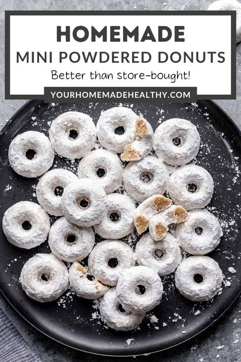 These Homemade Mini Powdered Donuts are light and fluffy inside with a sweet coating of powdered sugar on the outside. They're made in about 30 minutes with just 12 simple ingredients! Baked Powdered Donut Recipes, Homemade Mini Donuts Recipes, Mini Powdered Donuts Recipe, Donut Recipe For Mini Donut Maker, Powdered Sugar Donuts Recipe, Powdered Donuts Recipe, Baked Mini Donut Recipe, Mini Donut Recipe For Donut Maker, Easy Baked Donut Recipes