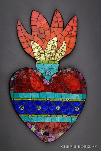 Burning Heart Milagro | © Cherie Bosela || Facebook || Etsy … | Flickr Mosaic Garden Ideas, Heart Milagro, Art Glass Lighting, Heart Mosaic, Mosaic Hearts, Sea Glass Art Diy, Mexican Wall Art, Burning Heart, Glass Art Pictures