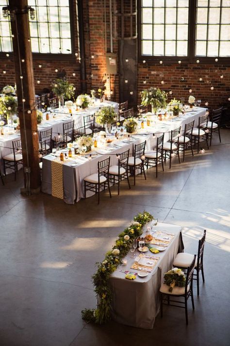 Modern warehouse wedding | Event Design + Planning by Lustre Events  |  Photos by Root Photography  |  Flowers by Botany Floral Studio Industrial Wedding Ceremony, Industrial Chic Wedding, Rustic Wedding Decorations, Brewery Wedding, Warehouse Wedding, Wedding Event Design, Gay Wedding, Mod Wedding, Wedding Table Settings