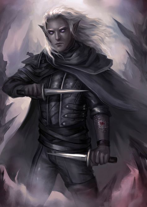 m Drow Elf Rogue Assassin Leather Armor Cloak Dual Daggers Poison male mouse companion Underdark passage  lg Drow Male, Dnd Elves, Male Elf, Elves Fantasy, Fantasy Races, Dungeons And Dragons Characters, Dark Elf, Dungeons And Dragons Homebrew, Arte Fantasy