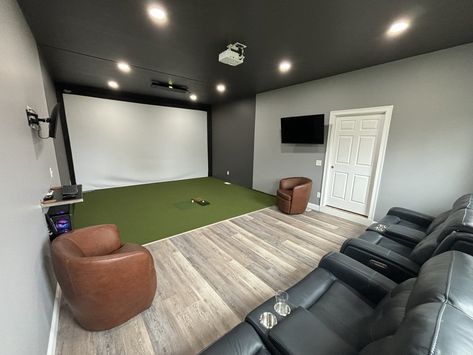 Golf Simulator Room - Design Ideas - Carl's Place Golf Simulator Movie Room, Home Golf Simulator Room, Golf Simulator Room Design, Golf Studio, Gears Turning, Home Golf Simulator, Simulator Room, Golf Simulator Room, Golf Diy