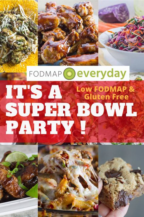 9 photos of super bowl recipes with the words It's A Super Bowl Party! Low FODMAP & Gluten Free FODMAP Everyday Low Fodmap Super Bowl Recipes, Low Fodmap Appetizer Recipes, Low Fodmap Football Food, Low Fodmap Potluck Recipes, Fodmap Appetizers Parties, Low Fodmap Superbowl Snacks, Low Fodmap Appetizers Parties, Low Fodmap Party Food, Low Fodmap Dips