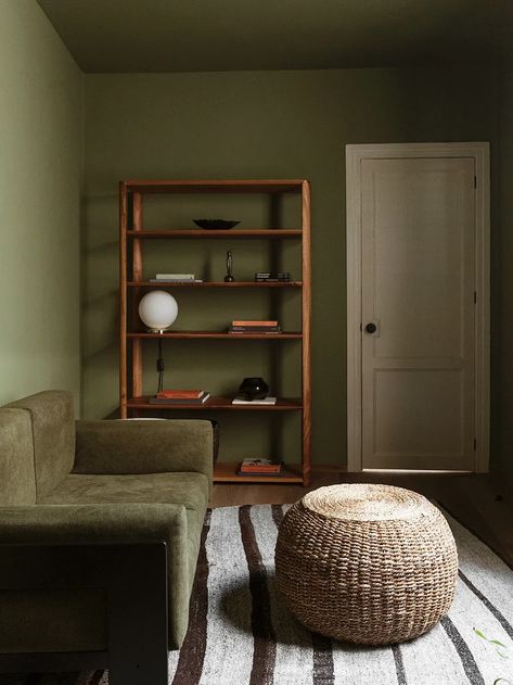 Monochrome green living room Monochrome Room, Custom Bed Frame, Faux Wood Tiles, Green Monochrome, Ikea Closet, Dark Home, Medical Office, Marble Side Tables, Living Room Green