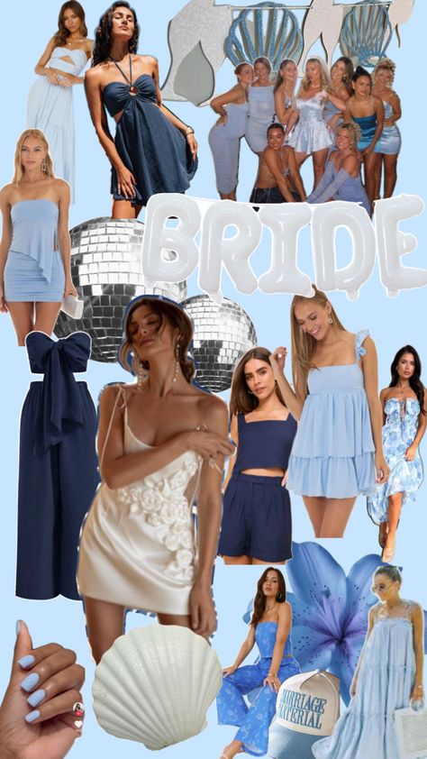 Blue And White Bachelorette Outfits, Bachelorette Something Blue Outfits, Blue Outfits Bachelorette Party, Shades Of Blue Bachelorette Outfits, Blue Bachelorette Party Outfit Group, Blue Bachelorette Aesthetic, Something Blue Bachelorette Party Outfit, Blue Swimsuit Bachelorette, Bachelorette Party Blue Bathing Suits