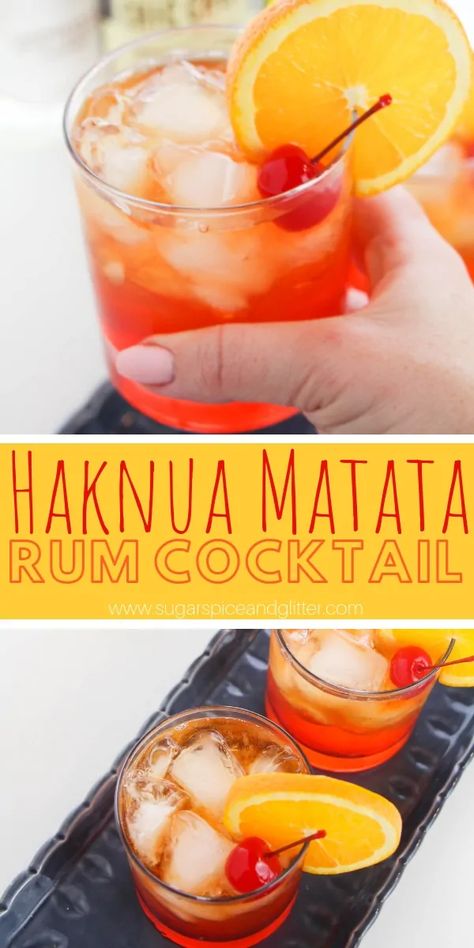 You'll have no worries after a couple of these Hakuna Matata rum cocktails - a fun Disney inspired cocktail recipe Sunset Cocktail Recipe, Disney Inspired Cocktails, Disney Cocktails, Disney Drinks, Special Drinks, Drink Tags, Rum Cocktails, Rum Drinks, Drinks Alcohol