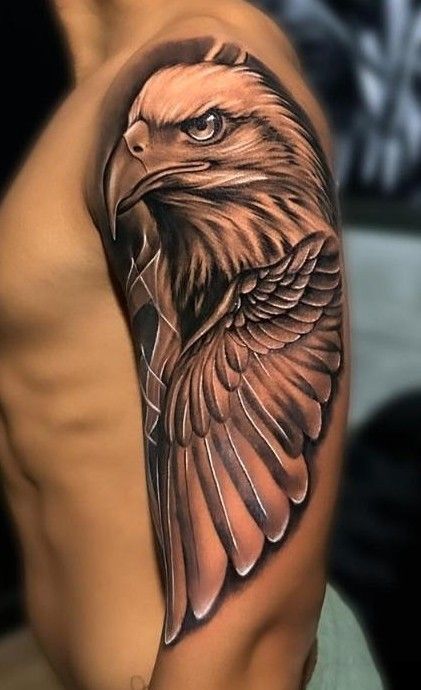 Eagle Tattoo Sleeve, Eagle Tattoo On Arm, Eagle Tattoo Shoulder, Candy Skull Tattoo For Men, Egal Tattoo, Eagle Tattoo Arm, Eagle Shoulder Tattoo, Bald Eagle Tattoos, Lion Forearm Tattoos