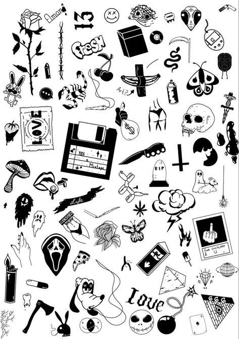 Small Art Tattoos Simple, Grunge Tattoo Ideas Drawings Simple, Random Thigh Tattoos, Small Edgy Tattoos Grunge, Patch Work Tattoo Men, Men’s Small Tattoos, Flash Tattoo Designs Simple, Tiny Flash Tattoo, Simple Tattoos Designs