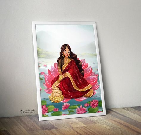 Laxmi Ji Painting, Laxmi Ji Drawing, Laxmi Mata Drawing, Goddess Lakshmi Art, Women Illustration Art, Laxmi Mata, Illustration Art Prints, Minimalist Portrait, Goddess Of Wealth