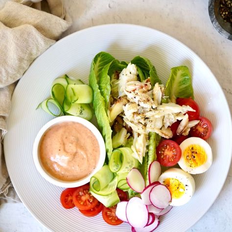 Crab Louie Salad Crab Louie Salad, Crab Louie, Prepared Horseradish, Dungeness Crab, Romaine Lettuce Salad, Lettuce Salad, English Cucumber, Summer Vegetable, Ripe Avocado