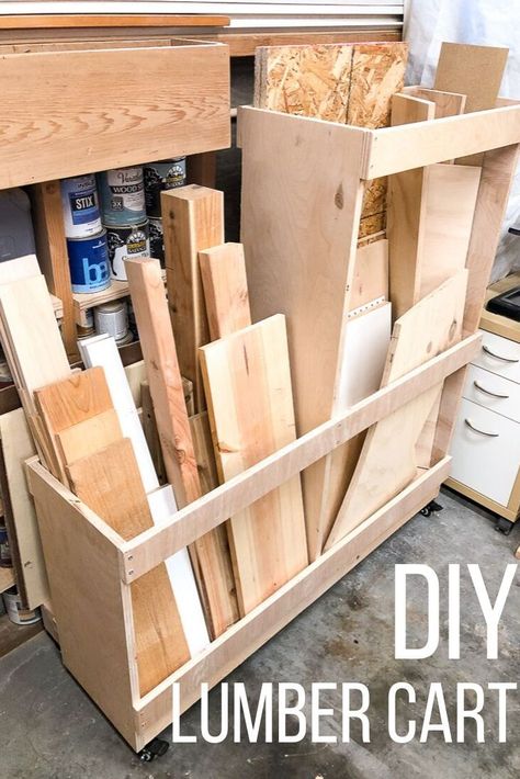 Store all your scrap wood and plywood offcuts in this handy rolling lumber cart! Get the free woodworking plans to make this DIY lumber cart for your workshop and get organized! Scrap Wood Storage Ideas Diy, Diy Lumber Storage, Scrap Wood Storage, Lumber Cart, Wood Bin, Shop Cart, Wood Cart, Portable Workbench, Free Woodworking Project Plans