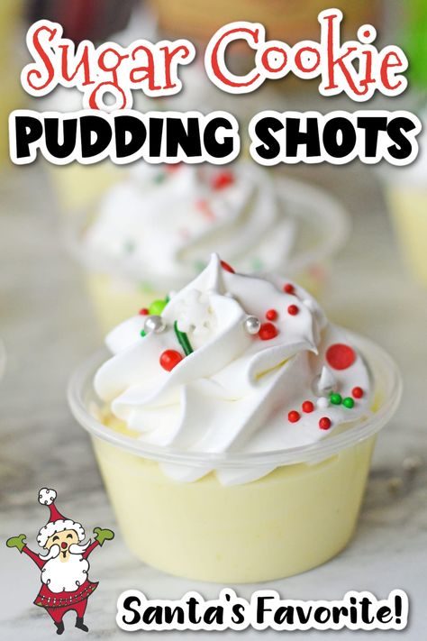 Sugar Cookie Jello Shots, Cookie Pudding, Pudding Shot Recipes, Jello Pudding Shots, Christmas Jello Shots, Christmas Drinks Recipes, Cookie Shots, Christmas Shots, Christmas Sugar Cookie