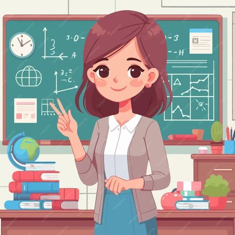 Premium Vector | A cartoon of a girl in front of a blackboard with the words teacher on it Free Business Card Mockup, Vector Background Pattern, Business Card Maker, Poster Maker, Flyer Maker, Poster Invitation, Presentation Template Free, Pattern Drawing, A Cartoon