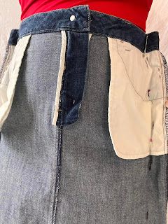 I Can Work With That; Refashions by Chickie W.U.: Making a Denim Skirt Fit Better Converting Jeans To Skirt, Diy Jean Skirt, Skirt Ideas, Sewing Alterations, Long Denim Skirt, Jeans Diy, Cargo Skirt, Skirt Fits, Straight Stitch