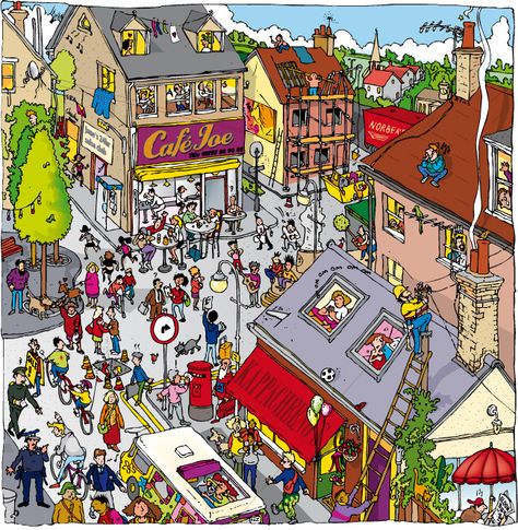 'Busy Street Scene' by Phill Burrows - Illustration from United Kingdom Describe The Scene, Pictures To Describe, Present Progressive, French Pictures, Busy Activities, Spelling And Handwriting, Writing Pictures, Inclusion Classroom, Picture Writing Prompts