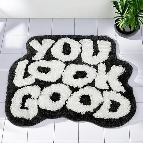 Amazon.com: LEEBOX You Look Good Black Cute Bath Mat, Funny Bathroom Rug, Washable Shower Mat Bathroom Decor Bath Rugs Non-Slip : Home & Kitchen Black Bathroom Rug, Bathroom Shower Mat, Cute Bath Mats, Statement Rug, Black Tile, Cute Words, White Shower, Mat Black, Funny Bathroom