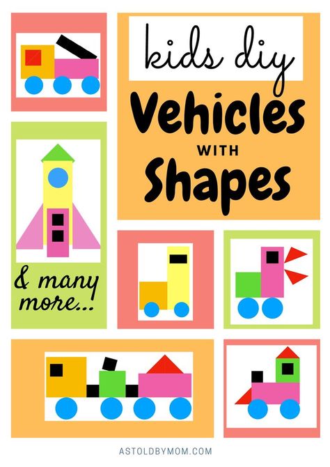 A fun way to introduce mathematical basic colorful 2D geometrical shapes to little kids while building their own DIY transport vehicles, Rockets, Fire engine, steam engine, goods trains. Ready to go Printables. No preparation required.  #shapes #craft #puzzle #elementary #math #preschool #toddlers #activity #fun #noprep #geometry #printables Building With Shapes Preschool, Shape Cars Preschool, Crafts With Shapes, Shape Vehicles For Preschool, Transport Shapes Activities, Shape Puzzles Preschool, Vehicles Preschool Activities, Shape Transportation Craft, Shape Train Preschool