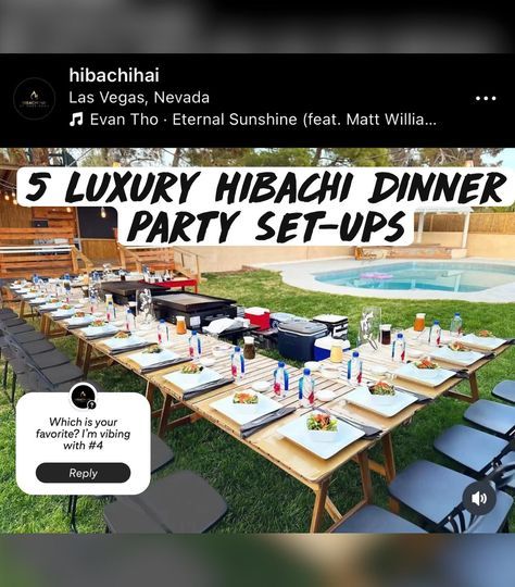 5 Luxury Hibachi Dinner Party set-ups in Vegas. You may be looking to hire a private hibachi chef or create your own hibachi birthday party. Chef Koma and his wife Chloe have curated hundreds of Luxury dinner parties in Las Vegas and will keep you loaded with hibachi theme party ideas. Follow and save for more! @hibachihai #hibachi #dinnerparty#lasvegas 5 Luxury Hibachi Dinner Party Set-Ups |luxury dinner party|backyard hibachi| hibachi theme birthday Hibachi Birthday Party, Dinner Party Backyard, Hibachi Dinner Party, At Home Dinner Party, Luxury Dinner Party, Hibachi At Home, Hibachi Party, Hibachi Dinner, Home Dinner Party