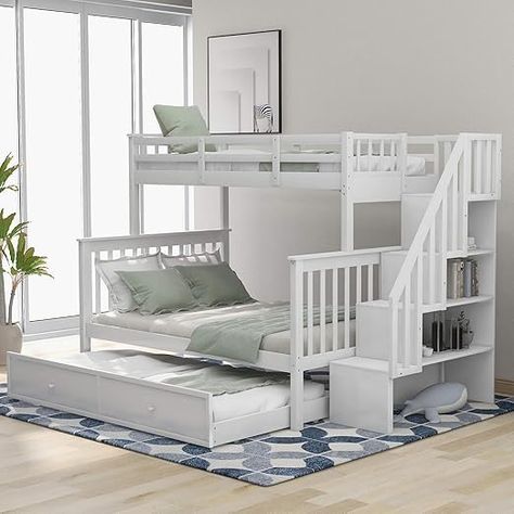 Amazon.com: SOFTSEA Bunk Bed Twin Over Full with Trundle and Stairs and Shelves Kid's Bedroom Furniture BUnk Bed Frame, Convertible to 2 Beds, No Box Spring Needed : Home & Kitchen Stairway Bunk Beds, Trundle Bed With Storage, Solid Wood Bunk Beds, Twin Over Full Bunk Bed, Bunk Beds With Drawers, Guard Rail, Wood Bunk Beds, Bunk Beds With Storage, Bed With Trundle