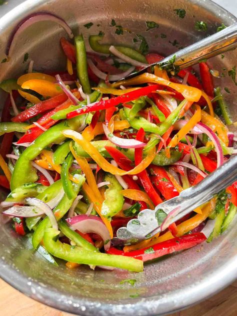 Tricolor Bell Pepper Salad Recipe - On The Bias Recipe With Bell Peppers, Bell Pepper Salad, Ramen Salad, Cilantro Recipes, Pepper Salad, Pepper Recipes, Slow Cooked Meat, Cilantro Lime Dressing, Bell Pepper Recipes