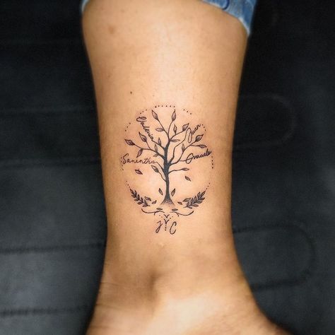 Small Family Tree Tattoo Ideas, Family Tree Forearm Tattoo, Deciduous Tree Tattoo, Rustic Matching Tattoos, Tree Of Life Tattoo Feminine Small Wrist, Tree Of Life Tattoo Ankle, Grounding Tree Tattoo, Olive Trees Tattoo, Simple Family Tree Tattoo